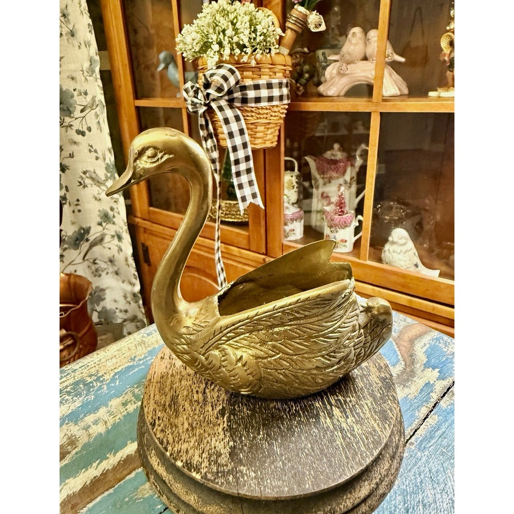 Vintage Brass Swan Planter Figurine Mid Century Modern Hollywood Regency 5.5"